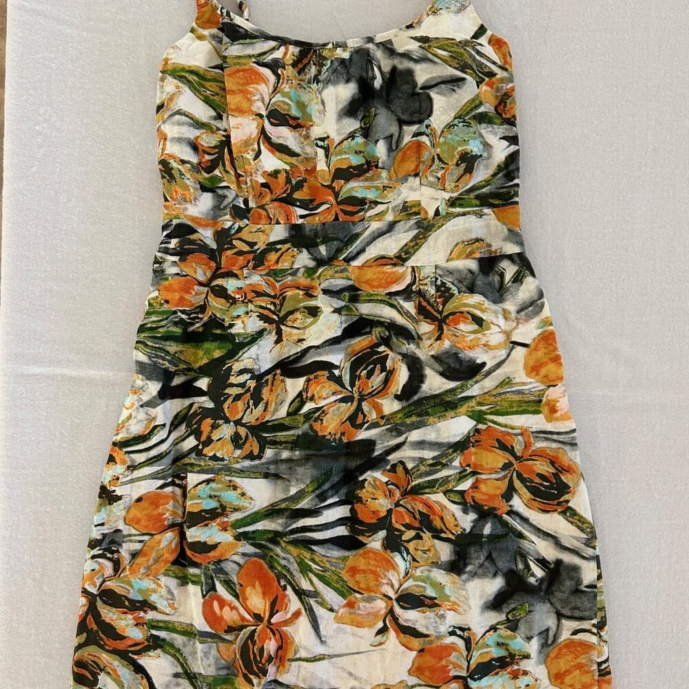 Floral Linen Midi Dress L Square Neck Sleeveless Belted Euro Summer Vacation - Picture 6 of 9